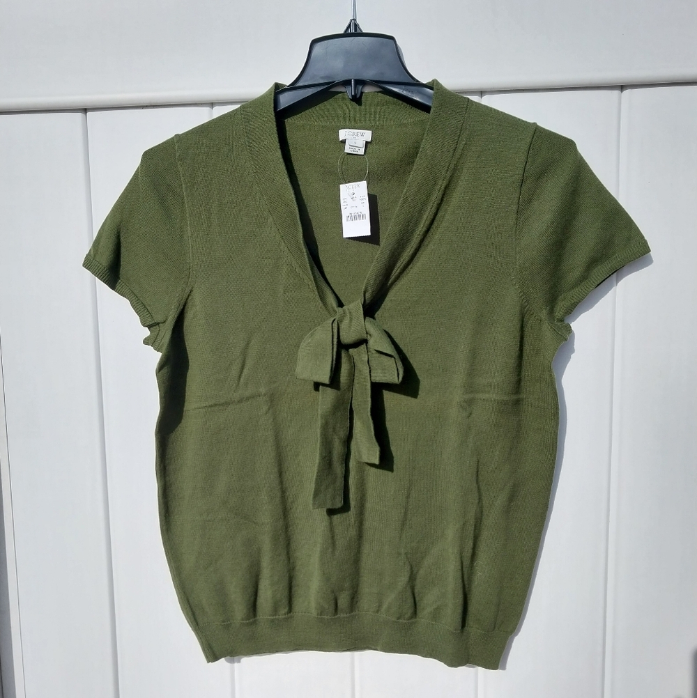 J. Crew Green Tie-Front Short Sleeve Cotton Top Size L